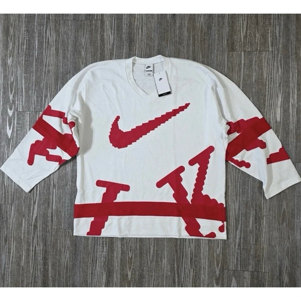 NEW NIKE Sportswear Club Hockey Oversized Men's White/Red  Jersey HV1137-100 XL